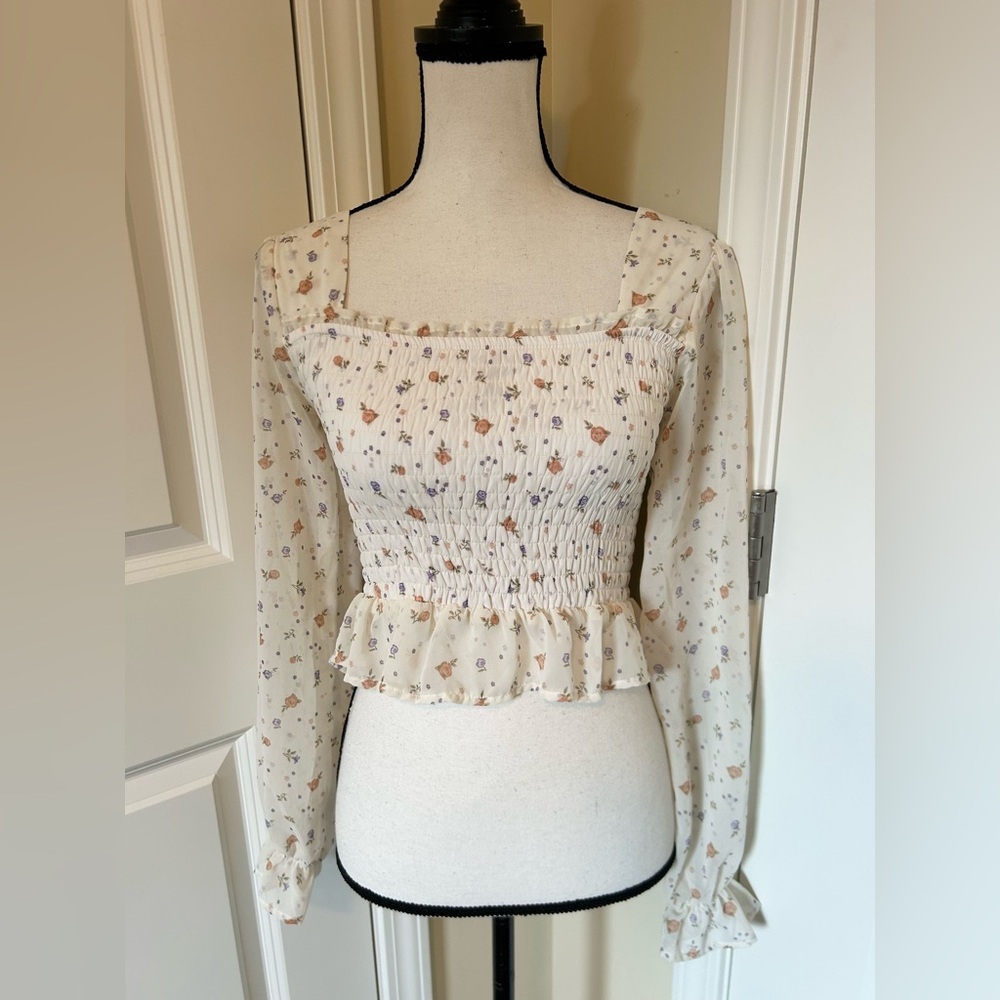 Chance or Fate Floral Cream Smocked peasant Blouse long sleeve